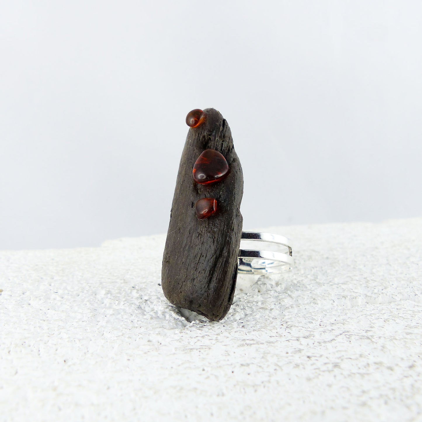 Adjustable handmade Driftwood Ring TORGE with Amber and 925 Silver