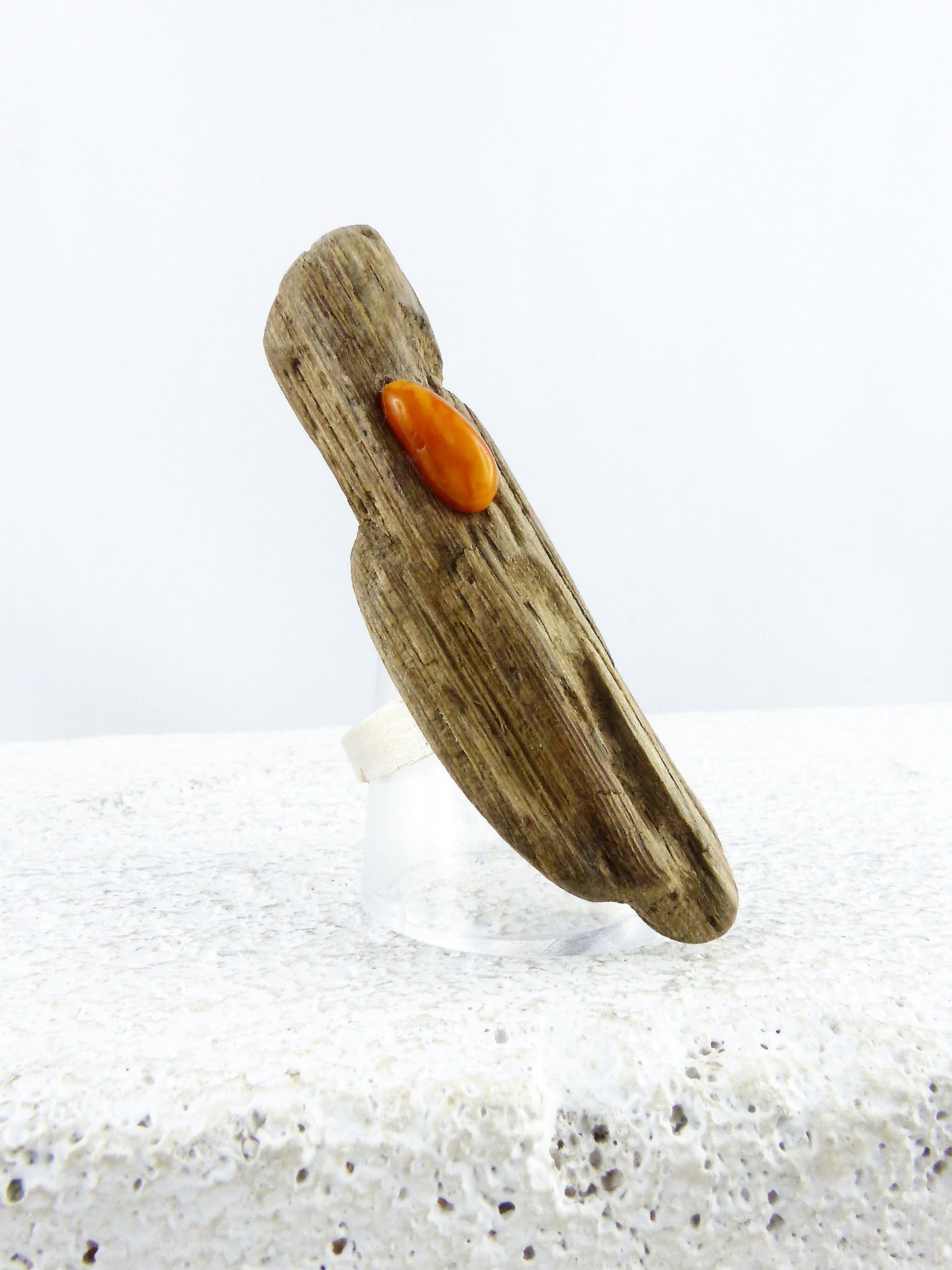 Adjustable handmade Driftwood Ring TARJE with Amber and 925 Silver
