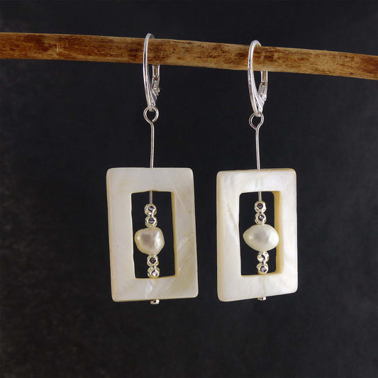 White nacre pendant earrings SALOME with sweetwater pearls, 925 silver