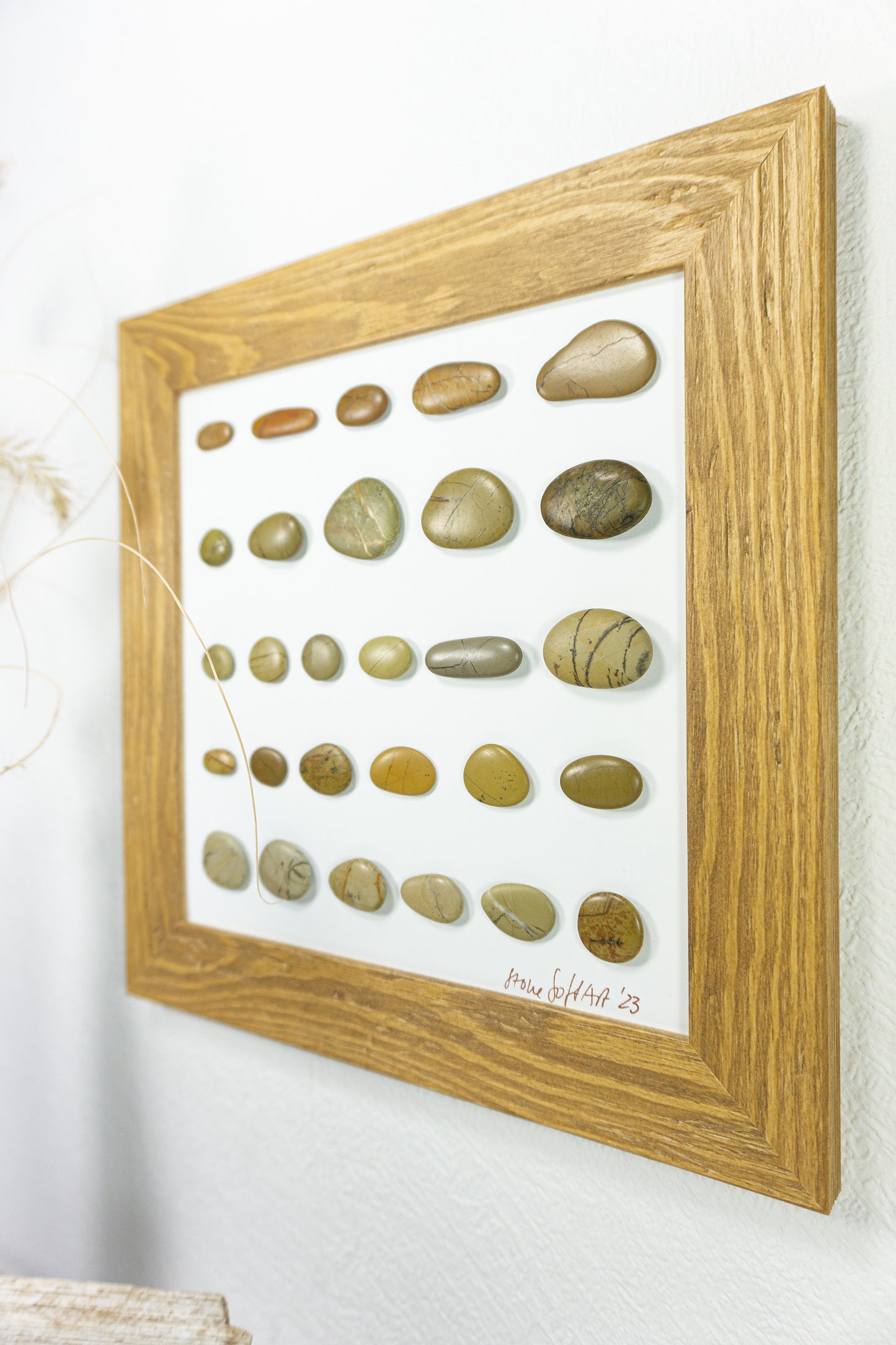 Unique BEACH PEBBLES WALL ART "Moneglia", framed handmade stones picture