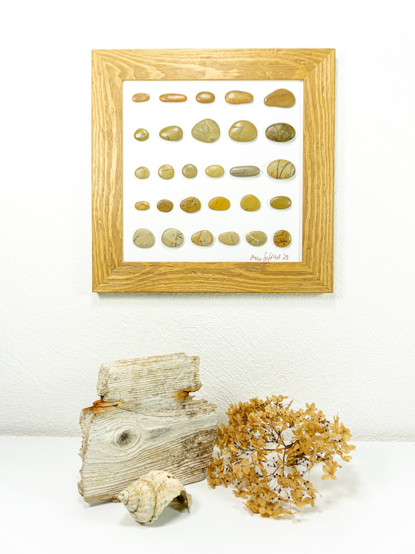 Unique BEACH PEBBLES WALL ART "Moneglia", framed handmade stones picture