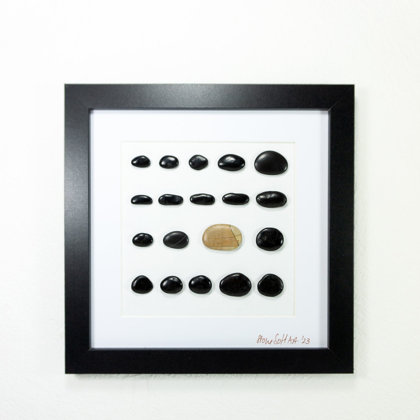 Unique BEACH PEBBLES WALL ART 'Livorgno', framed handmade black stones picture
