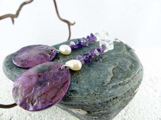 Purple mother-of-pearl pendant earrings SINA with amethyst, quartz, pearl, 925 silver