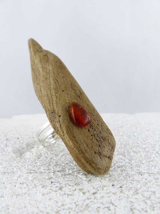 Size adjustable unique Driftwood Amber Ring THOR 925 Silver