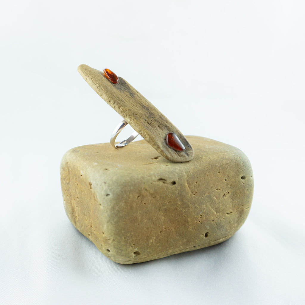 925 Silver Ring - Adjustable Unique Driftwood Ring NJORD with Amber