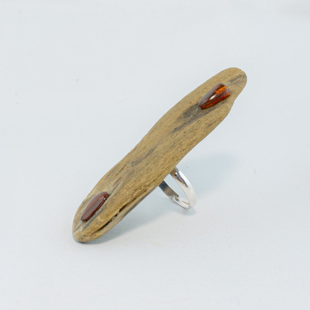 925 Silver Ring - Adjustable Unique Driftwood Ring NJORD with Amber
