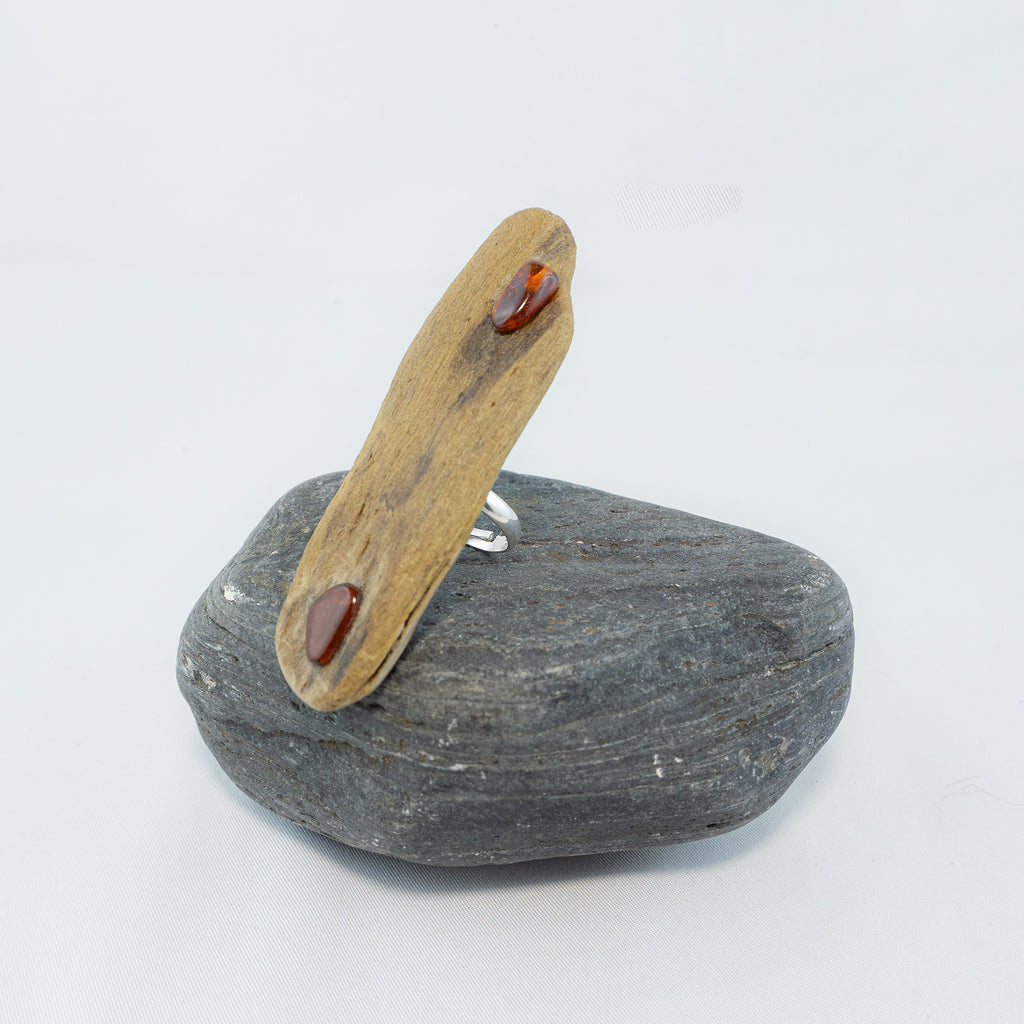 925 Silver Ring - Adjustable Unique Driftwood Ring NJORD with Amber