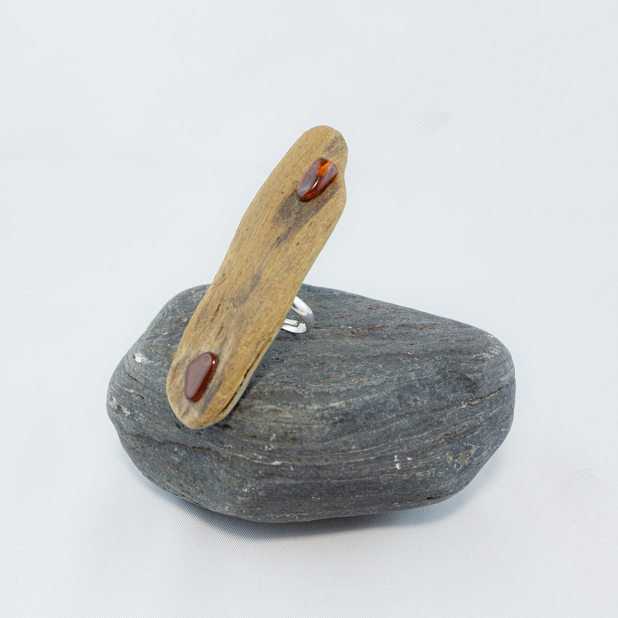 925 Silver Ring - Adjustable Unique Driftwood Ring NJORD with Amber
