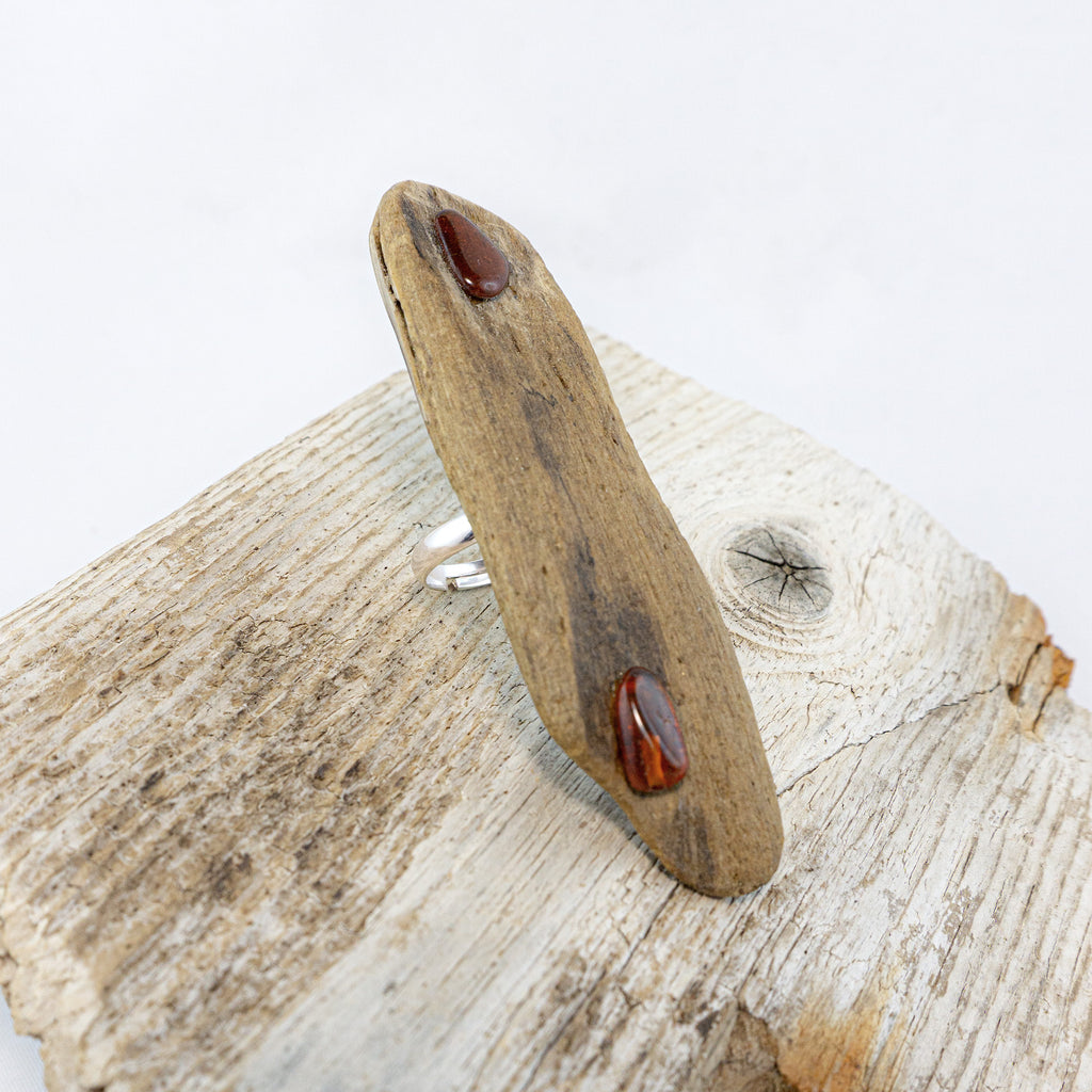 925 Silver Ring - Adjustable Unique Driftwood Ring NJORD with Amber