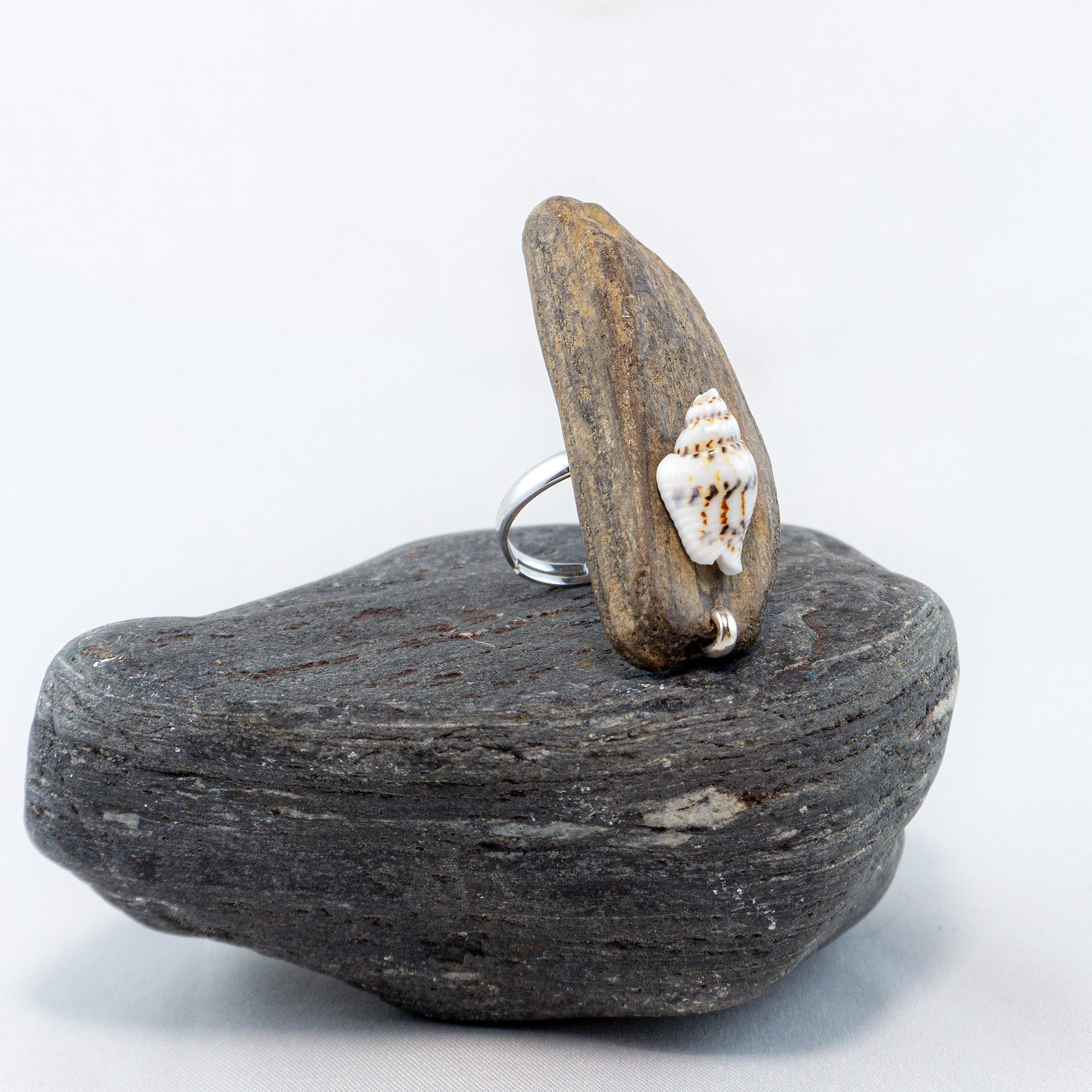 925 Silver Adjustable Ring - Unique Driftwood Jewelry STIAN with Shell
