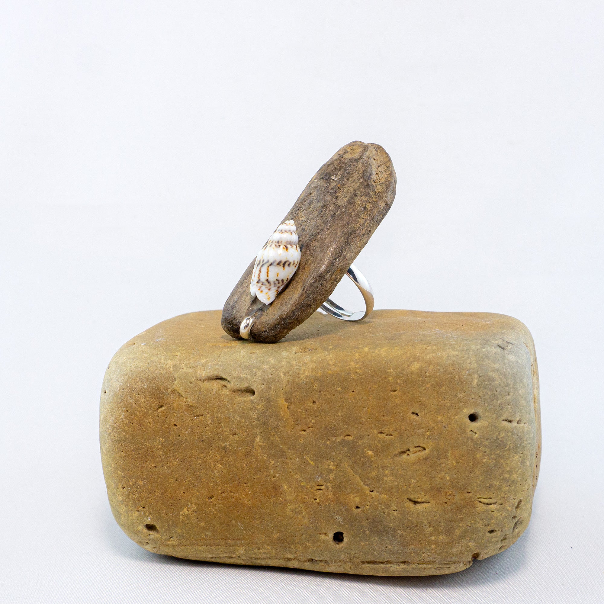 925 Silver Adjustable Ring - Unique Driftwood Jewelry STIAN with Shell