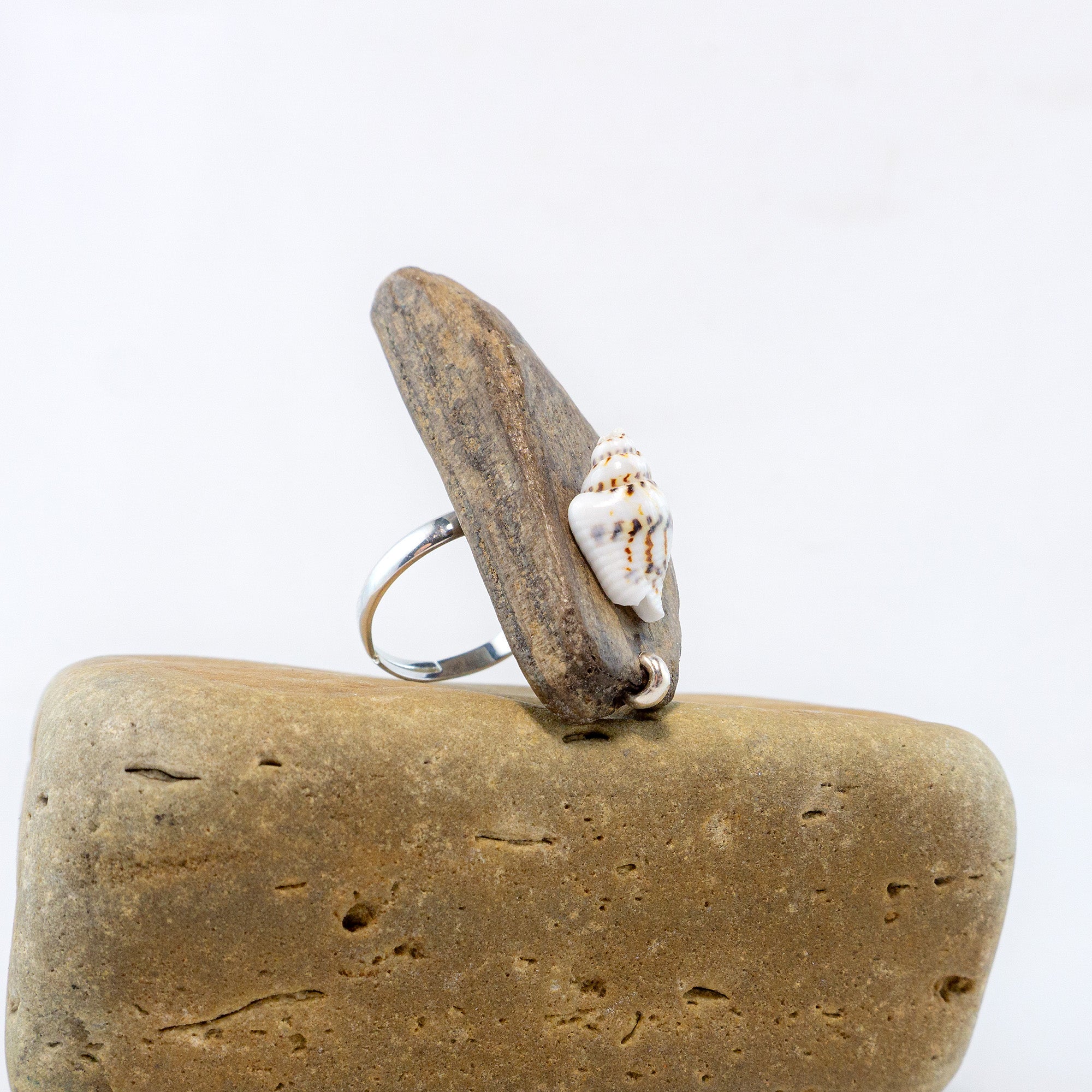 925 Silver Adjustable Ring - Unique Driftwood Jewelry STIAN with Shell