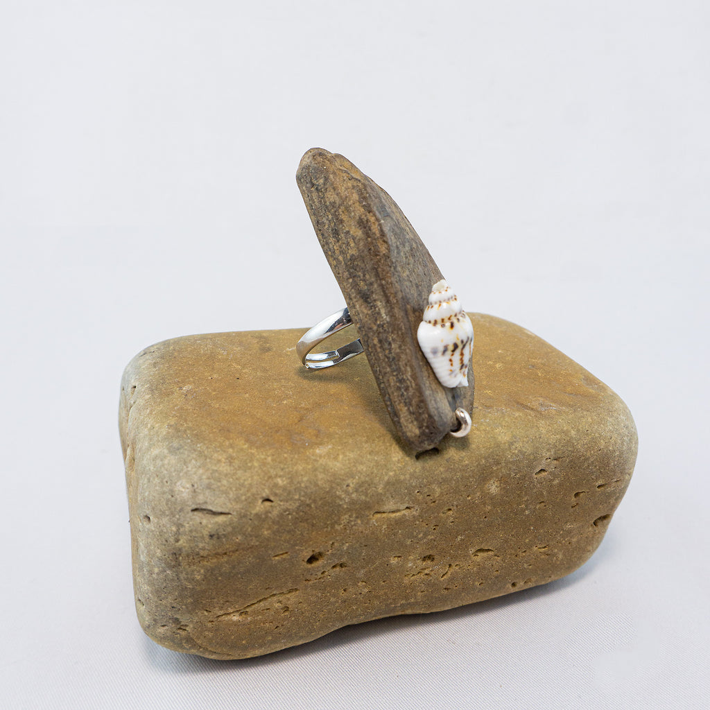 925 Silver Adjustable Ring - Unique Driftwood Jewelry STIAN with Shell