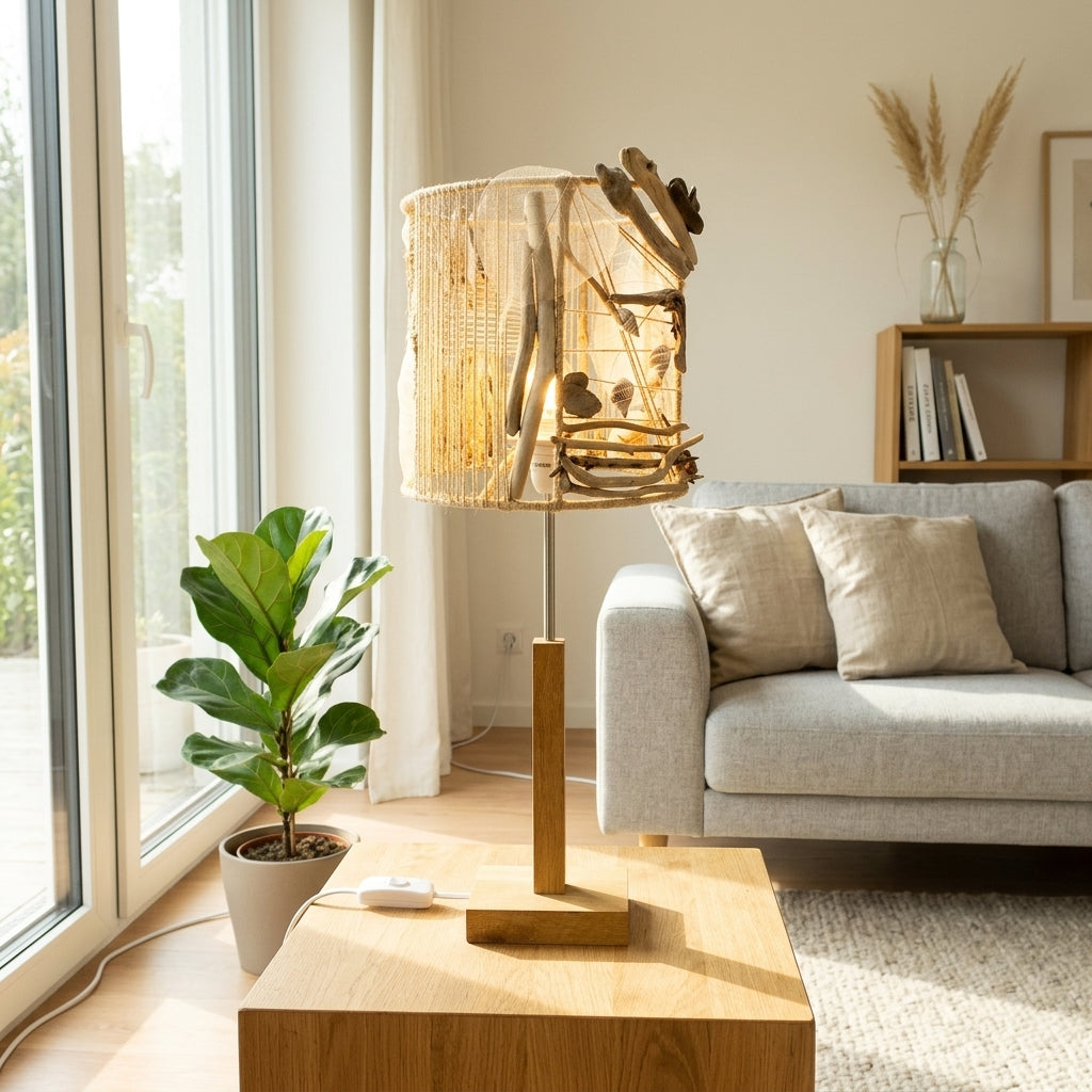 TUULI Handgefertigte Treibholz-Tischlampe – Küstenakzentlicht mit Holzsockel
