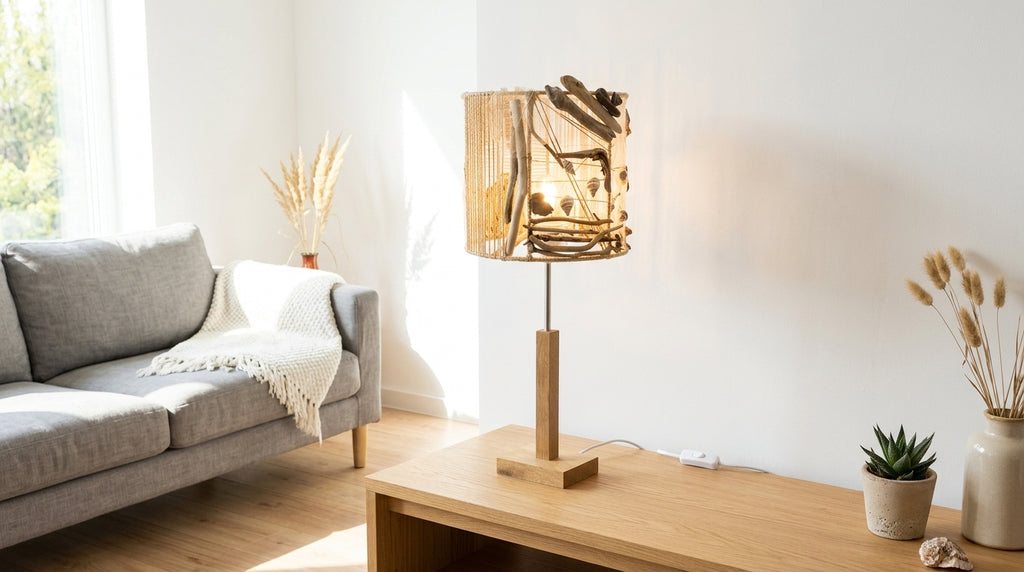 TUULI Handgefertigte Treibholz-Tischlampe – Küstenakzentlicht mit Holzsockel