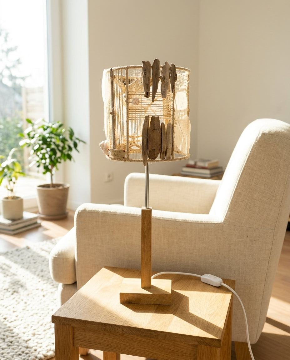 TUULI Handgefertigte Treibholz-Tischlampe – Küstenakzentlicht mit Holzsockel