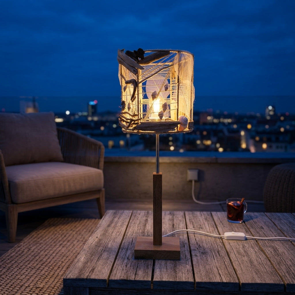 TUULI Handgefertigte Treibholz-Tischlampe – Küstenakzentlicht mit Holzsockel