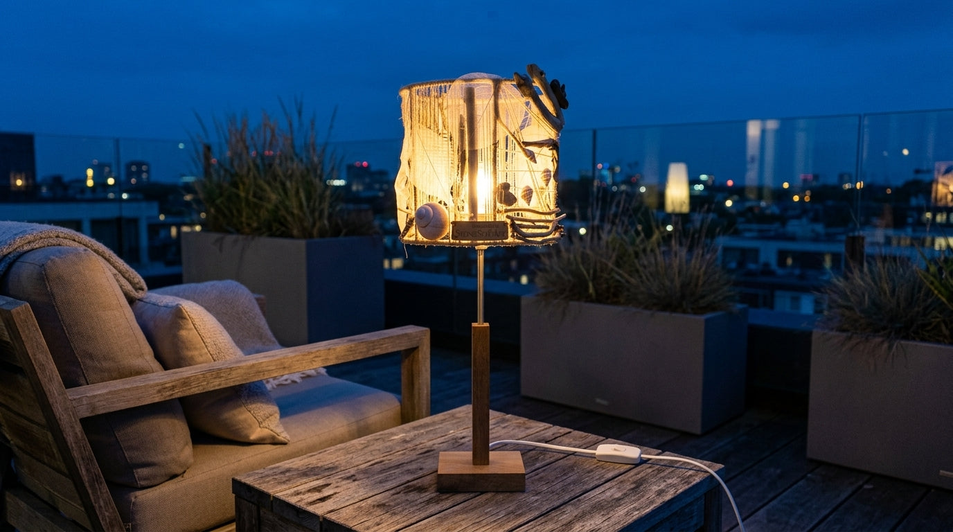 TUULI Handgefertigte Treibholz-Tischlampe – Küstenakzentlicht mit Holzsockel