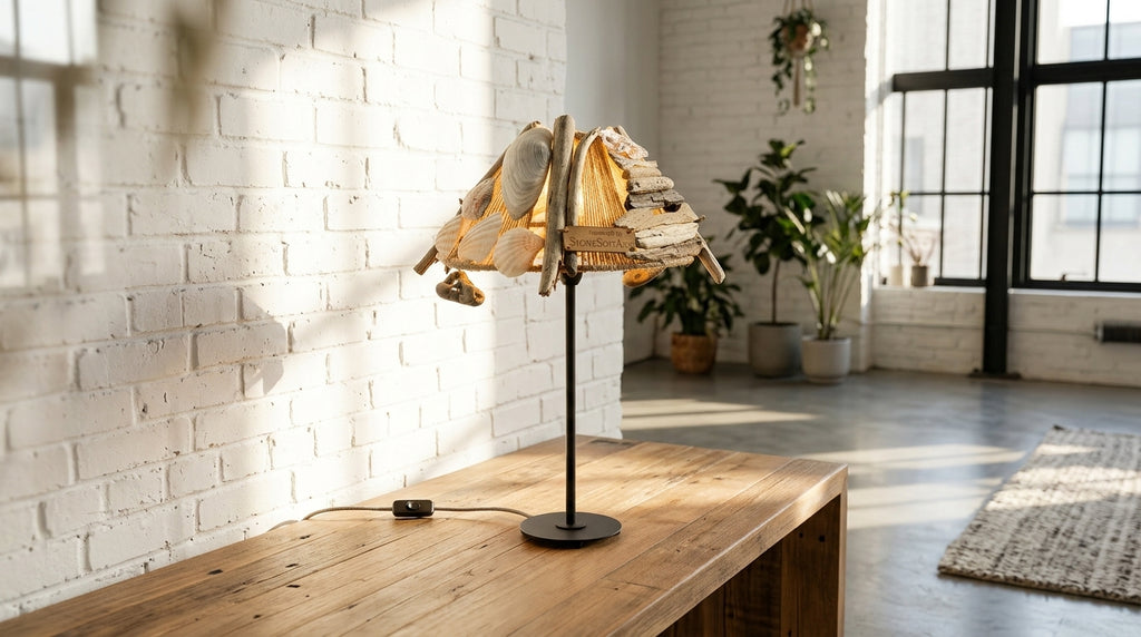 LYKKE Handgefertigte Treibholz-Tischlampe – Natürliches Akzentlicht mit Metallsockel