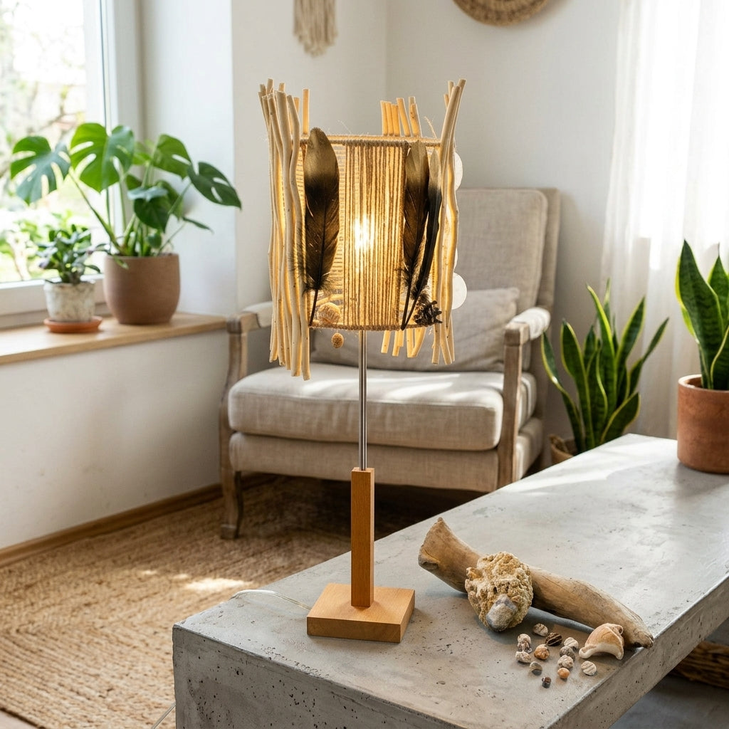 Hohe Akzent Treibholz Tischlampe 'FRIGGA' mit Holzsockel