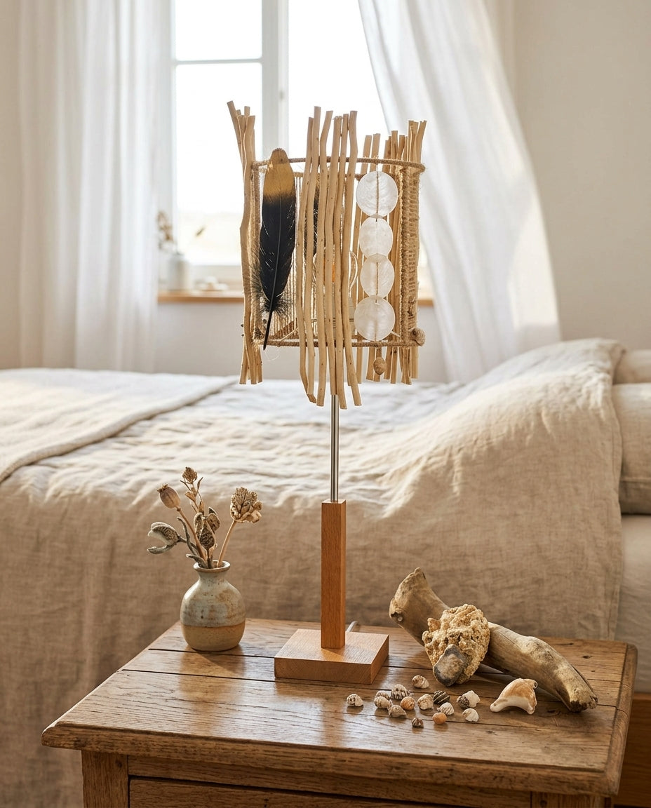 Hohe Akzent Treibholz Tischlampe 'FRIGGA' mit Holzsockel