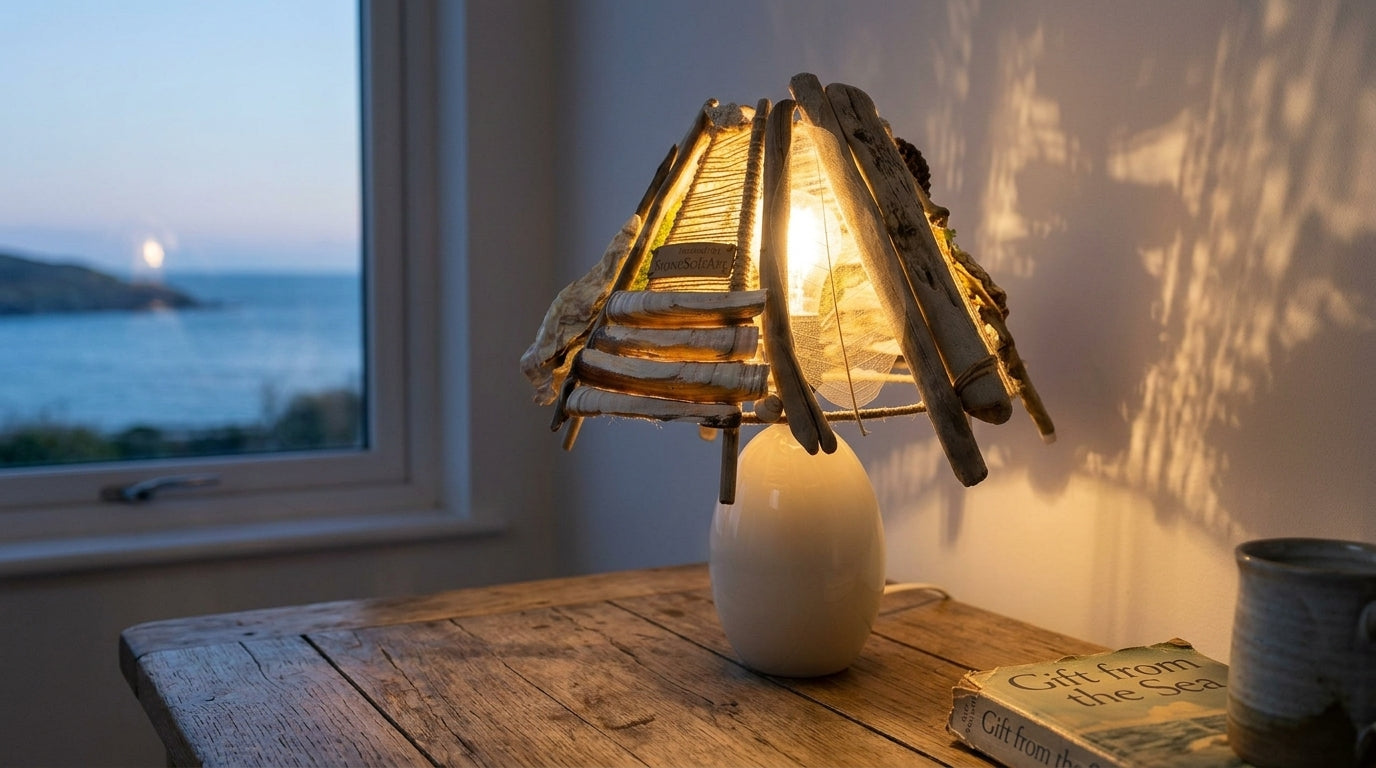 ALVA Handgefertigte Treibholz-Akzentlampe – Weiße Keramik-Tischleuchte