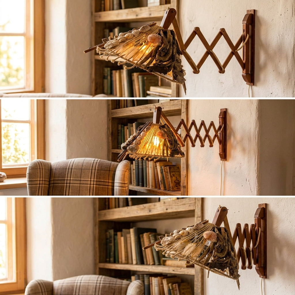 Einzigartige TREIBHOLZ-SCHERENLAMPE 'Riga', handgefertigte Wandleuchte von StoneSoftArt