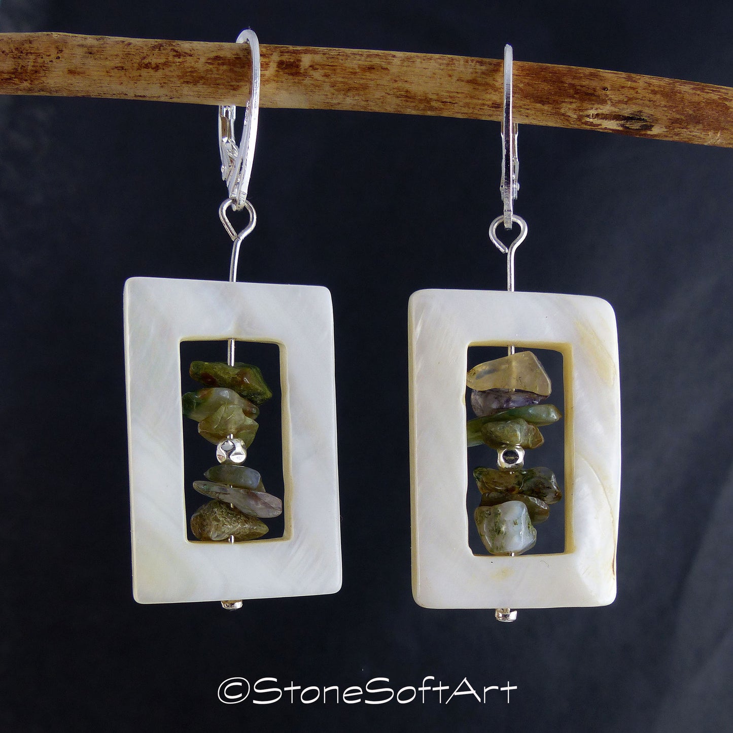 White mother-of-pearl Pendant Earrings SARA with Jasper, 925 silver