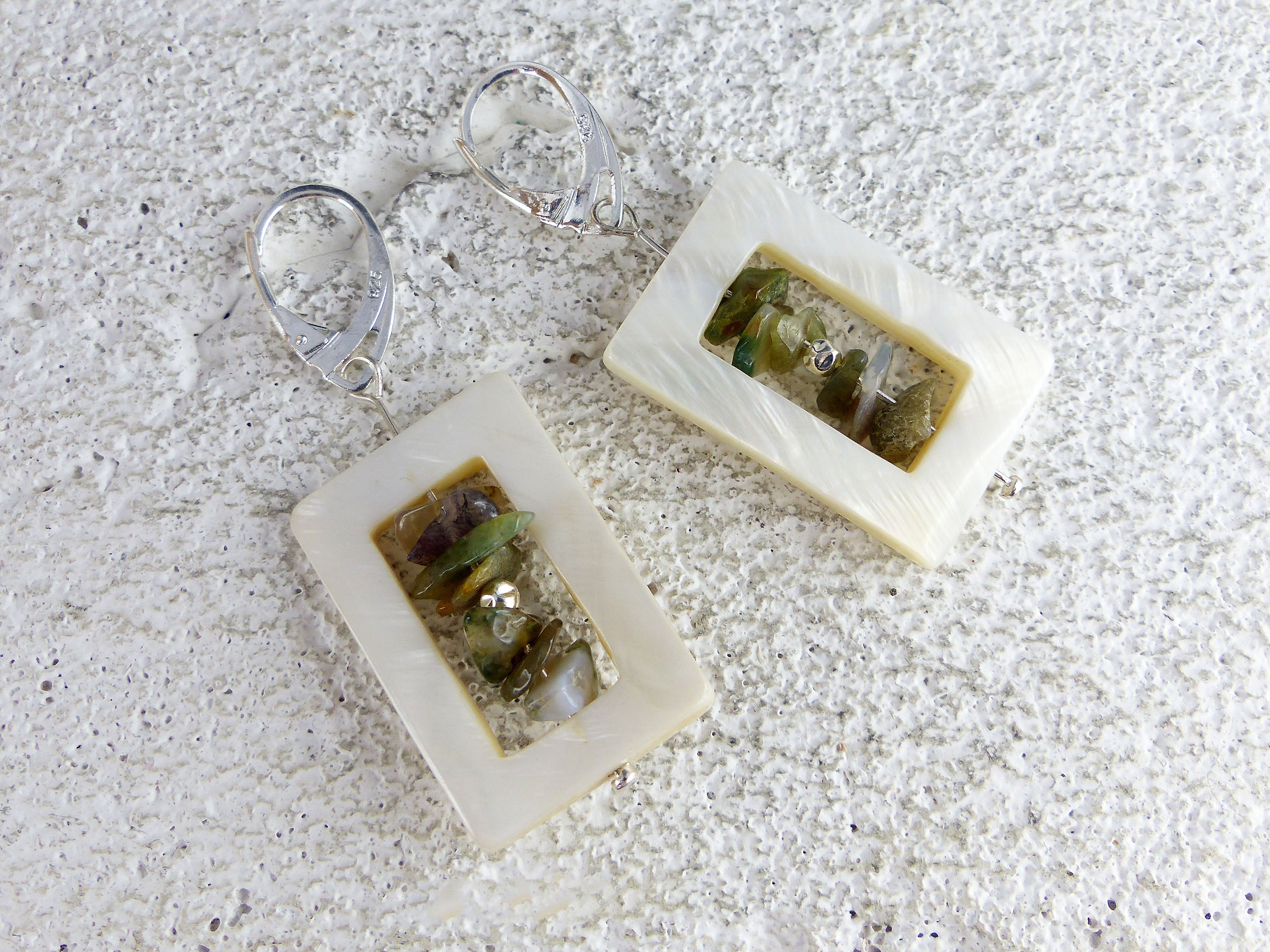 White mother-of-pearl Pendant Earrings SARA with Jasper, 925 silver