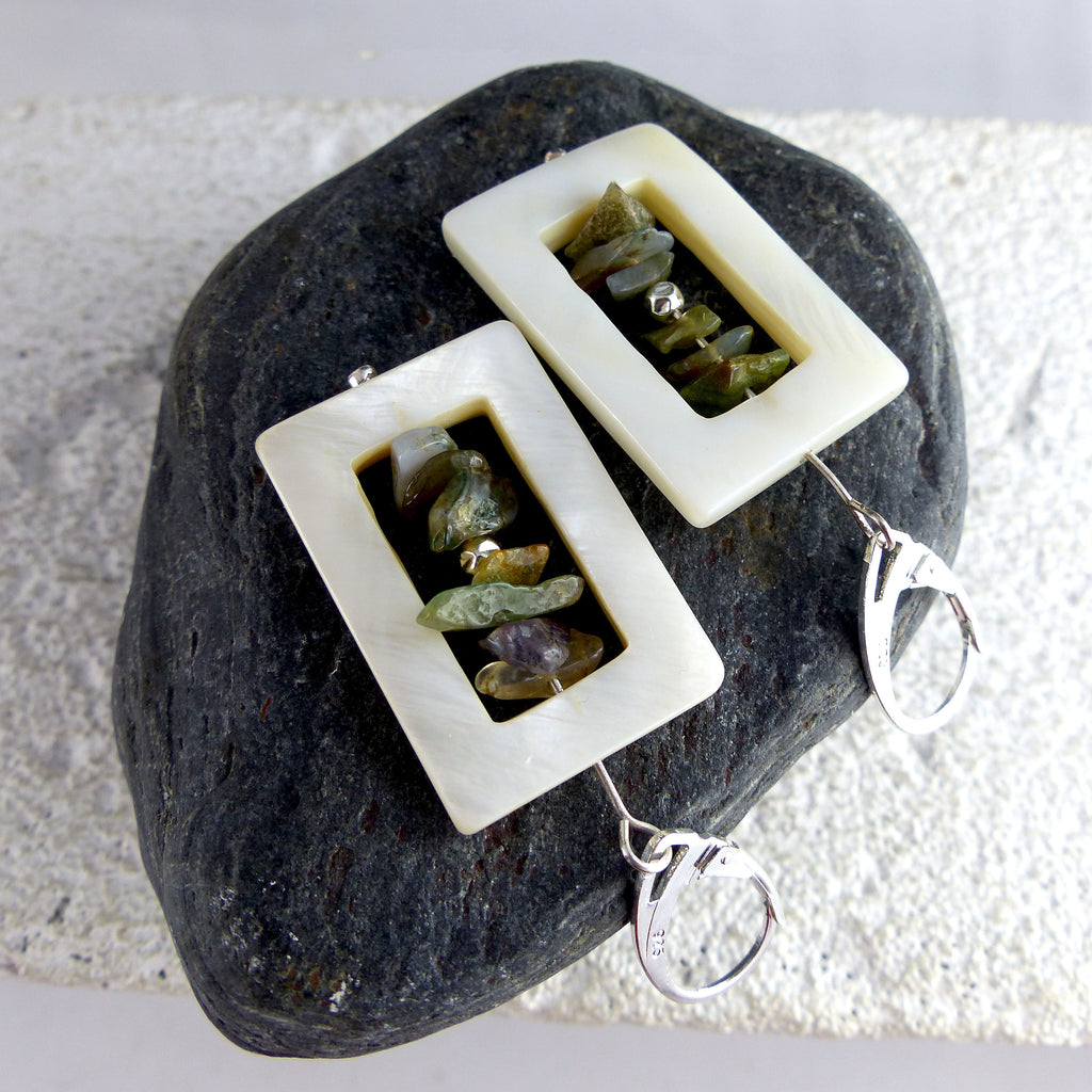 White mother-of-pearl Pendant Earrings SARA with Jasper, 925 silver