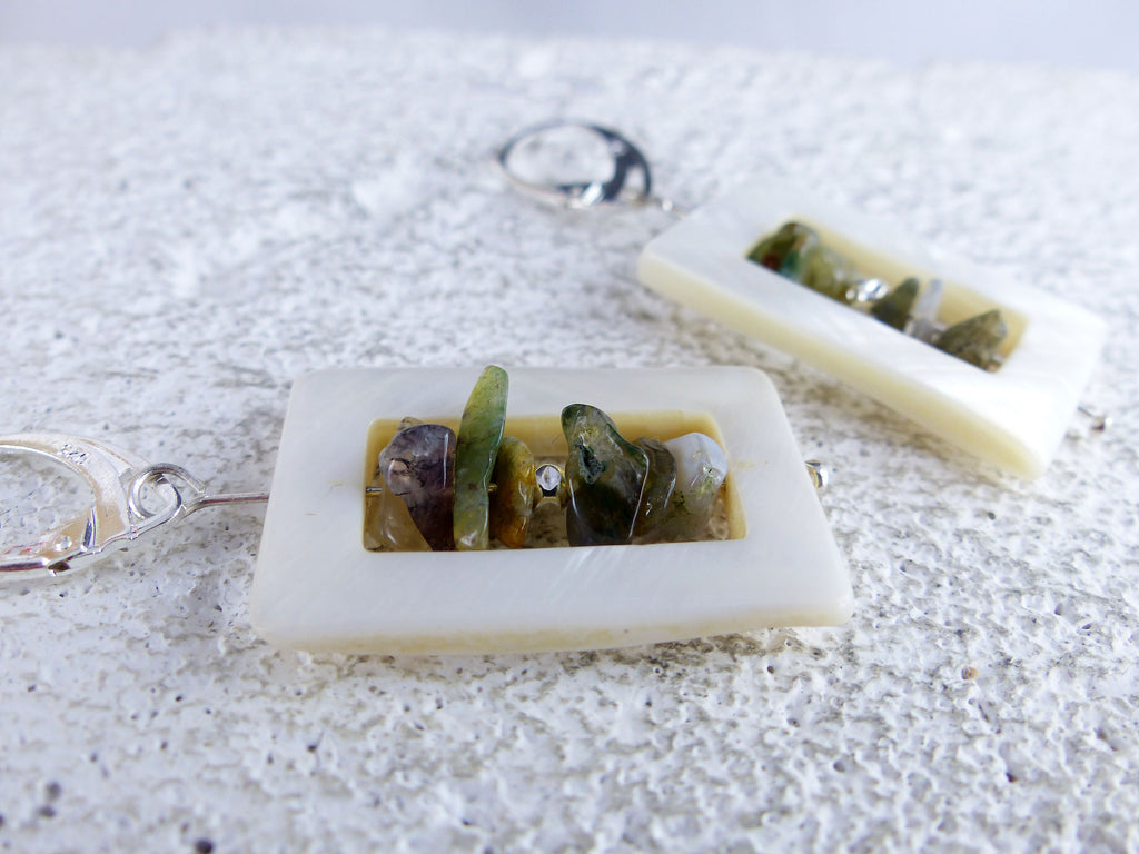 White mother-of-pearl Pendant Earrings SARA with Jasper, 925 silver