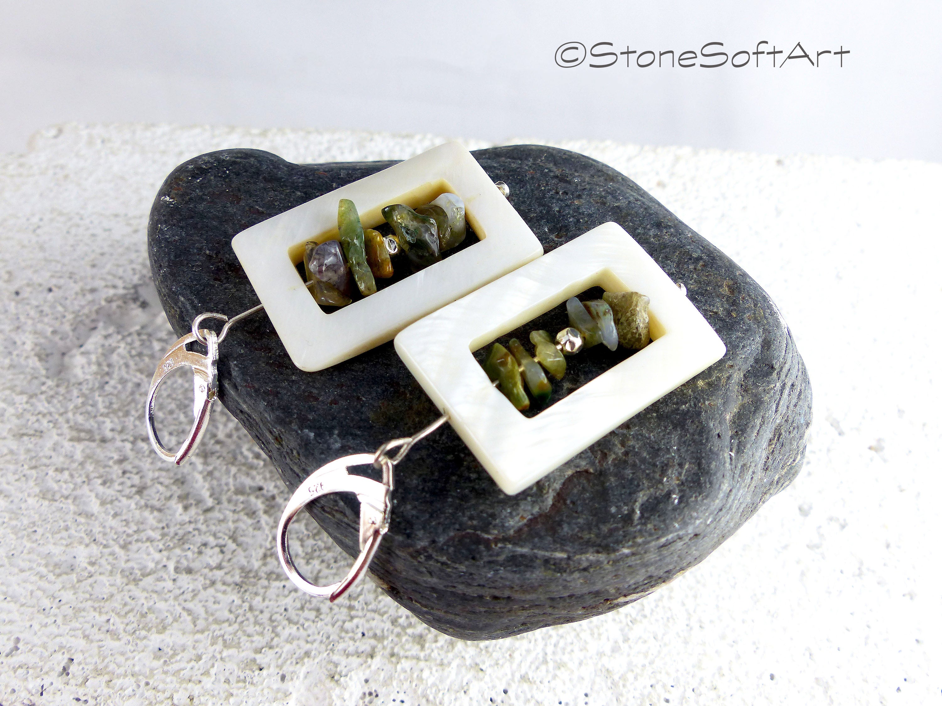 White mother-of-pearl Pendant Earrings SARA with Jasper, 925 silver