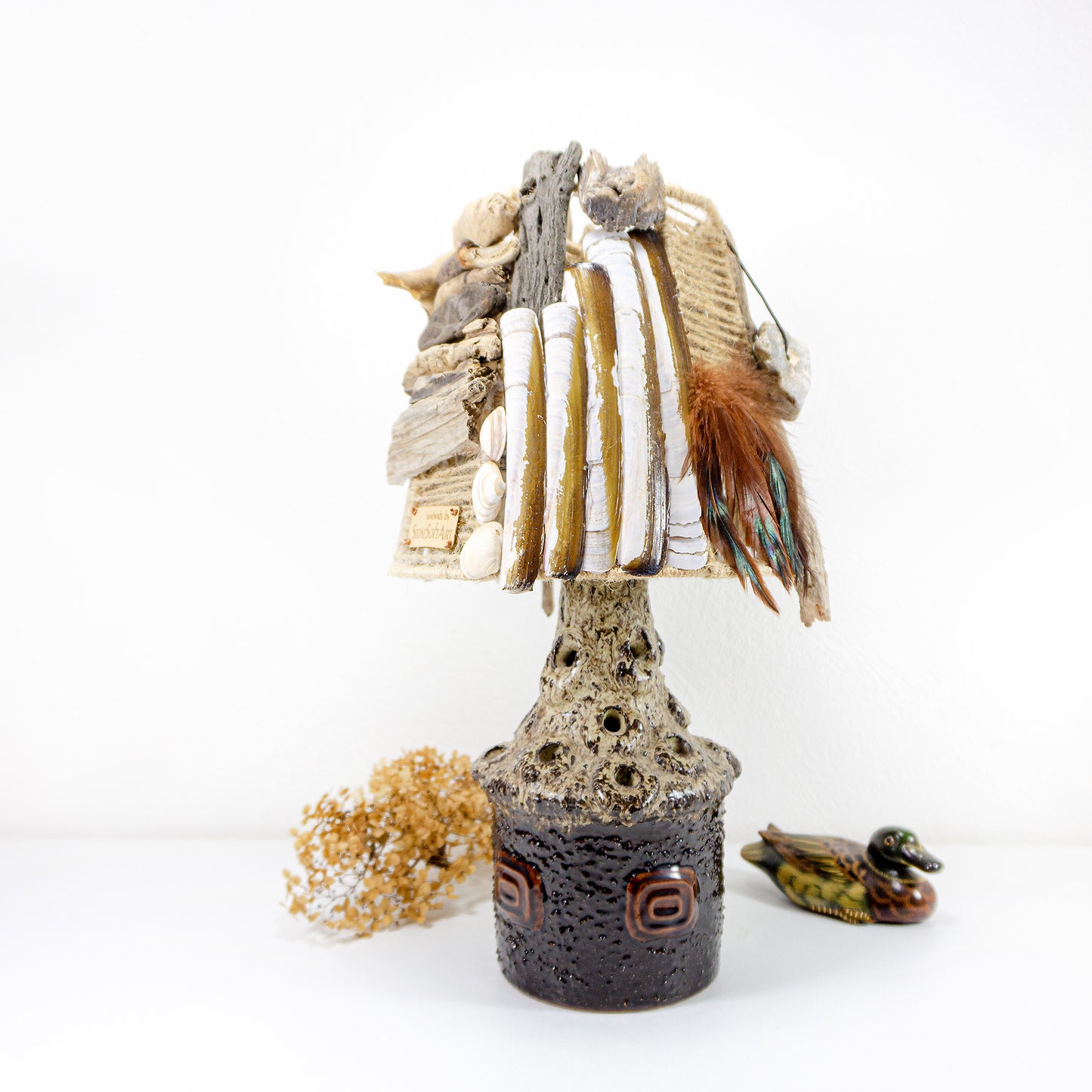 Hand-crafted DRIFTWOOD TABLE LAMP 'Lucia' with Danish midcentury pottery design base, rustic wooden light