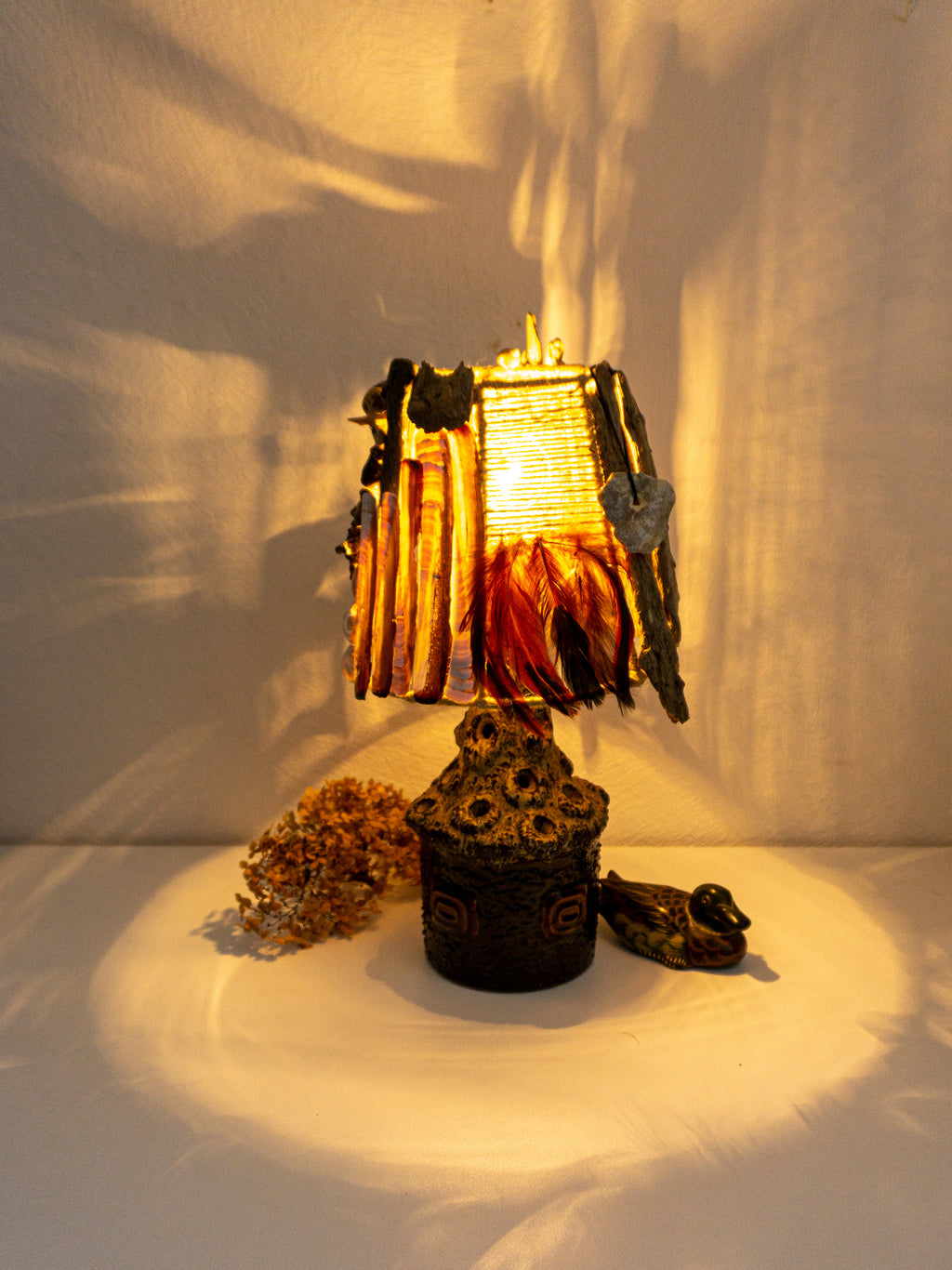 Hand-crafted DRIFTWOOD TABLE LAMP 'Lucia' with Danish midcentury pottery design base, rustic wooden light