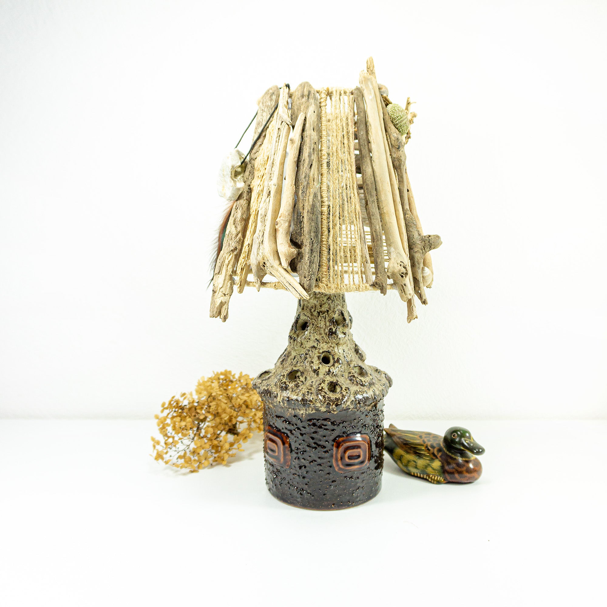 Hand-crafted DRIFTWOOD TABLE LAMP 'Lucia' with Danish midcentury pottery design base, rustic wooden light