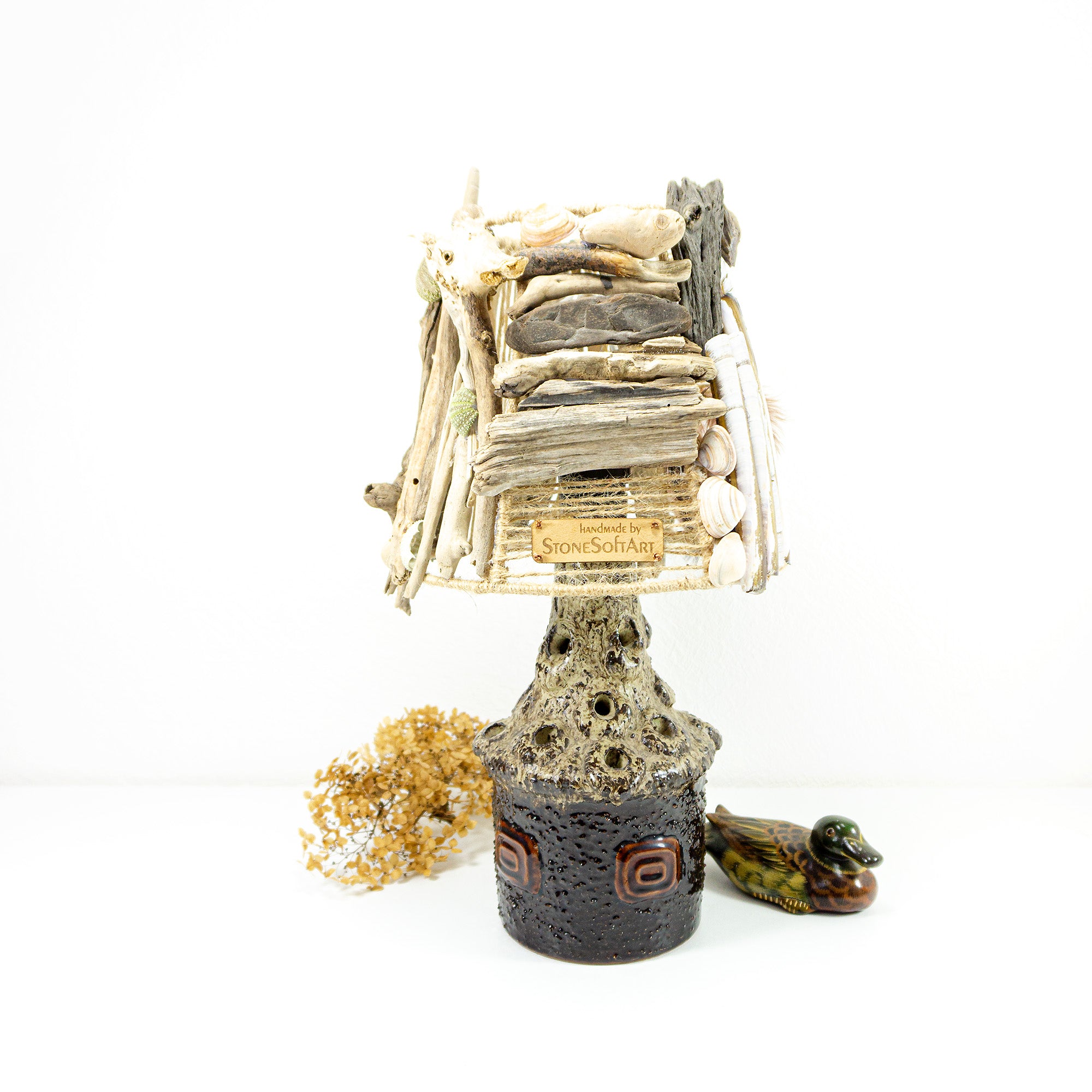 Hand-crafted DRIFTWOOD TABLE LAMP 'Lucia' with Danish midcentury pottery design base, rustic wooden light