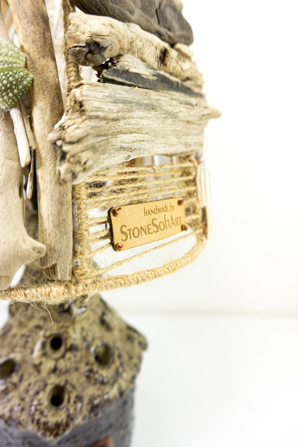 Hand-crafted DRIFTWOOD TABLE LAMP 'Lucia' with Danish midcentury pottery design base, rustic wooden light