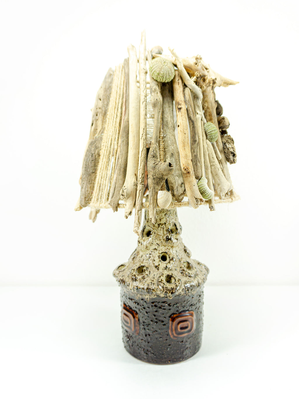 Hand-crafted DRIFTWOOD TABLE LAMP 'Lucia' with Danish midcentury pottery design base, rustic wooden light