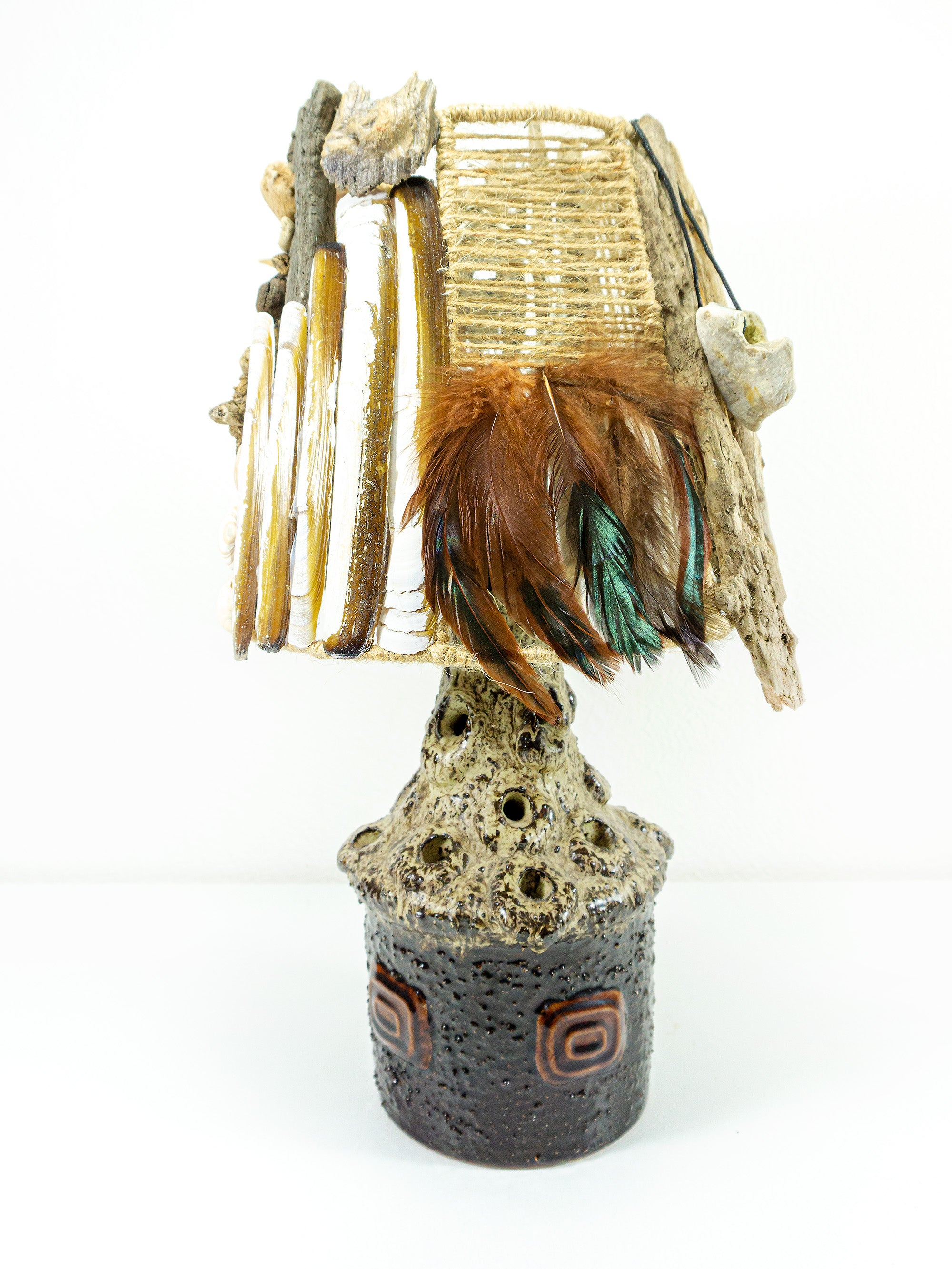 Hand-crafted DRIFTWOOD TABLE LAMP 'Lucia' with Danish midcentury pottery design base, rustic wooden light