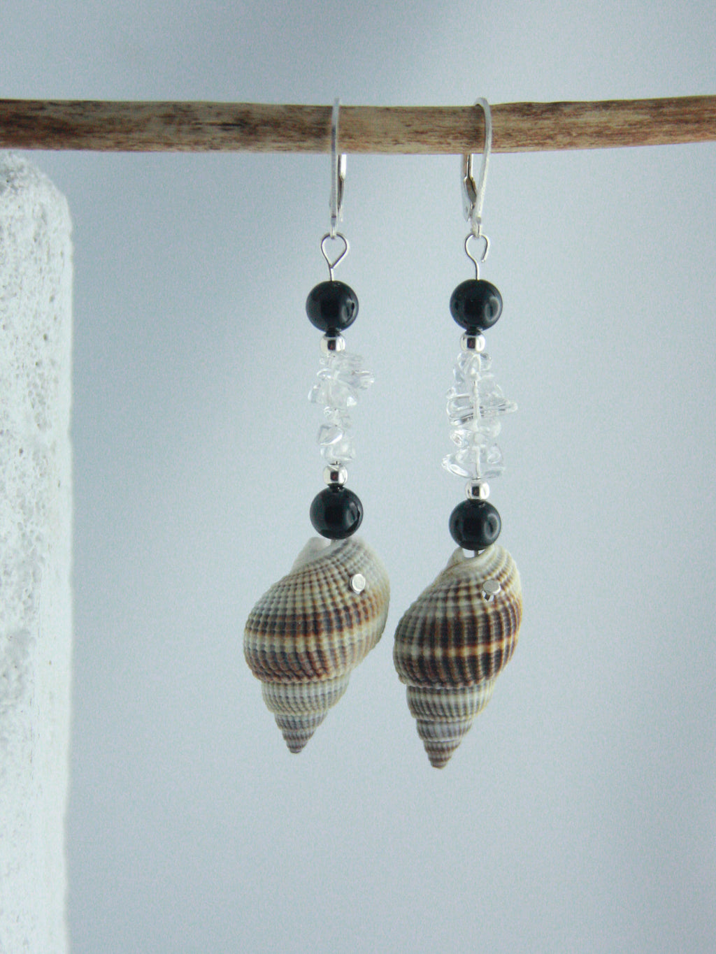 Unique Seashell Pendant Earrings STELLA with Quartz crystal and Onyx, 925 silver