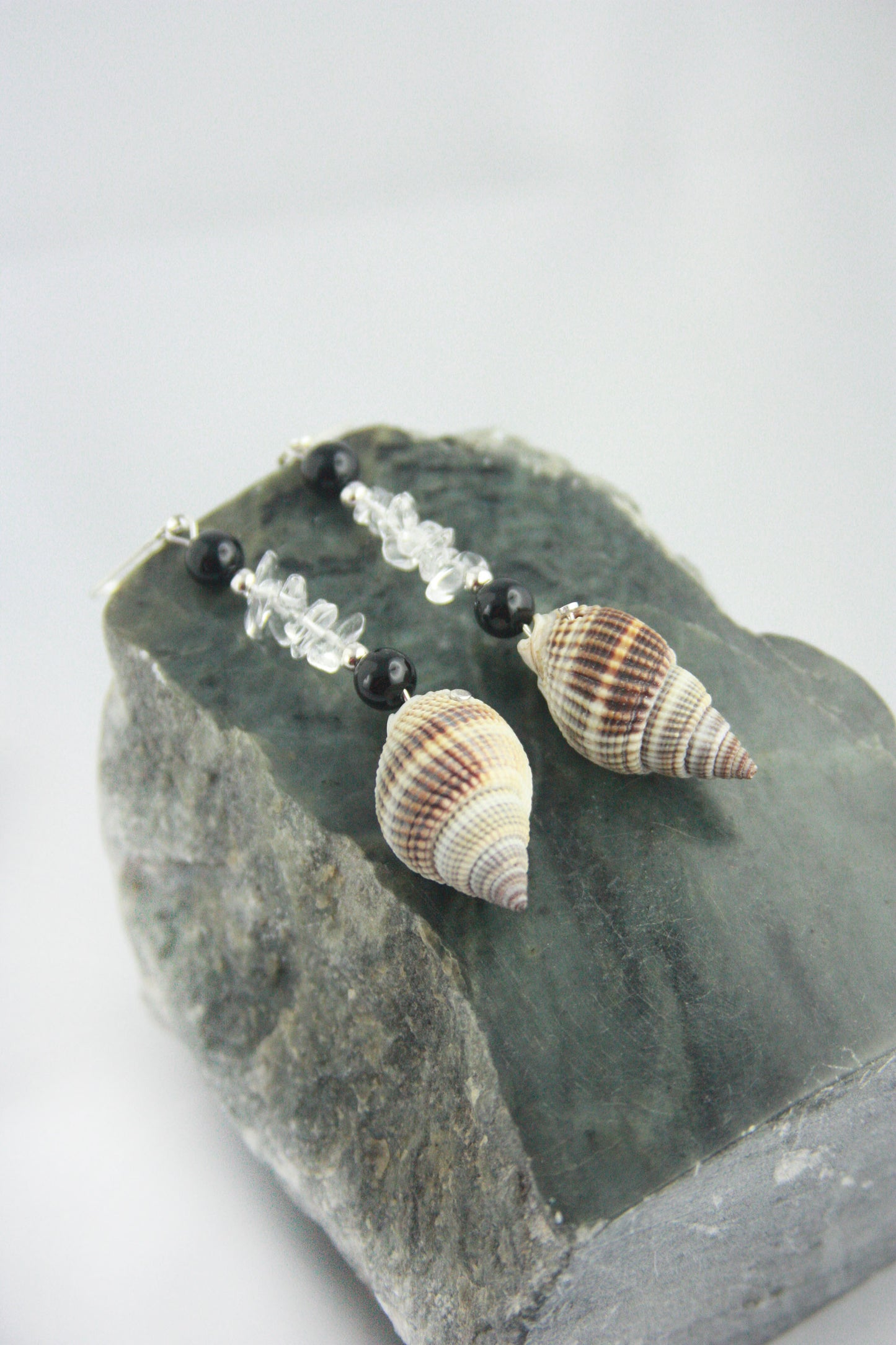 Unique Seashell Pendant Earrings STELLA with Quartz crystal and Onyx, 925 silver