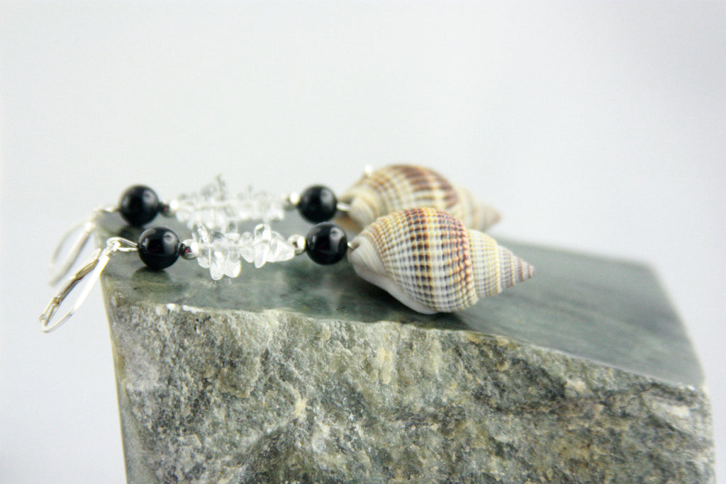 Unique Seashell Pendant Earrings STELLA with Quartz crystal and Onyx, 925 silver