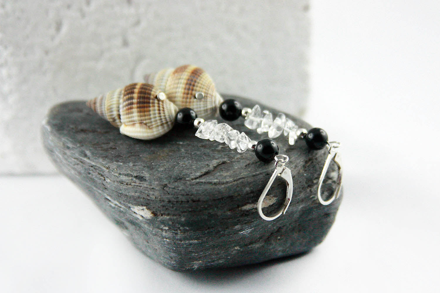 Unique Seashell Pendant Earrings STELLA with Quartz crystal and Onyx, 925 silver