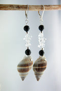 Unique Seashell Pendant Earrings STELLA with Quartz crystal and Onyx, 925 silver