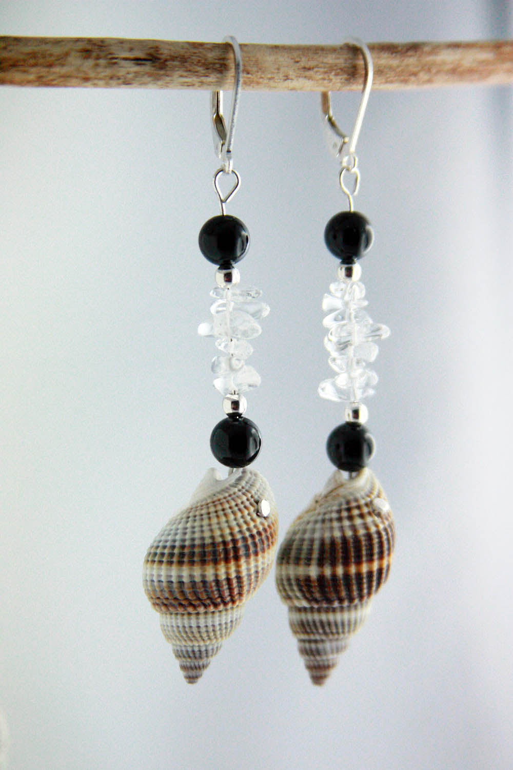 Unique Seashell Pendant Earrings STELLA with Quartz crystal and Onyx, 925 silver