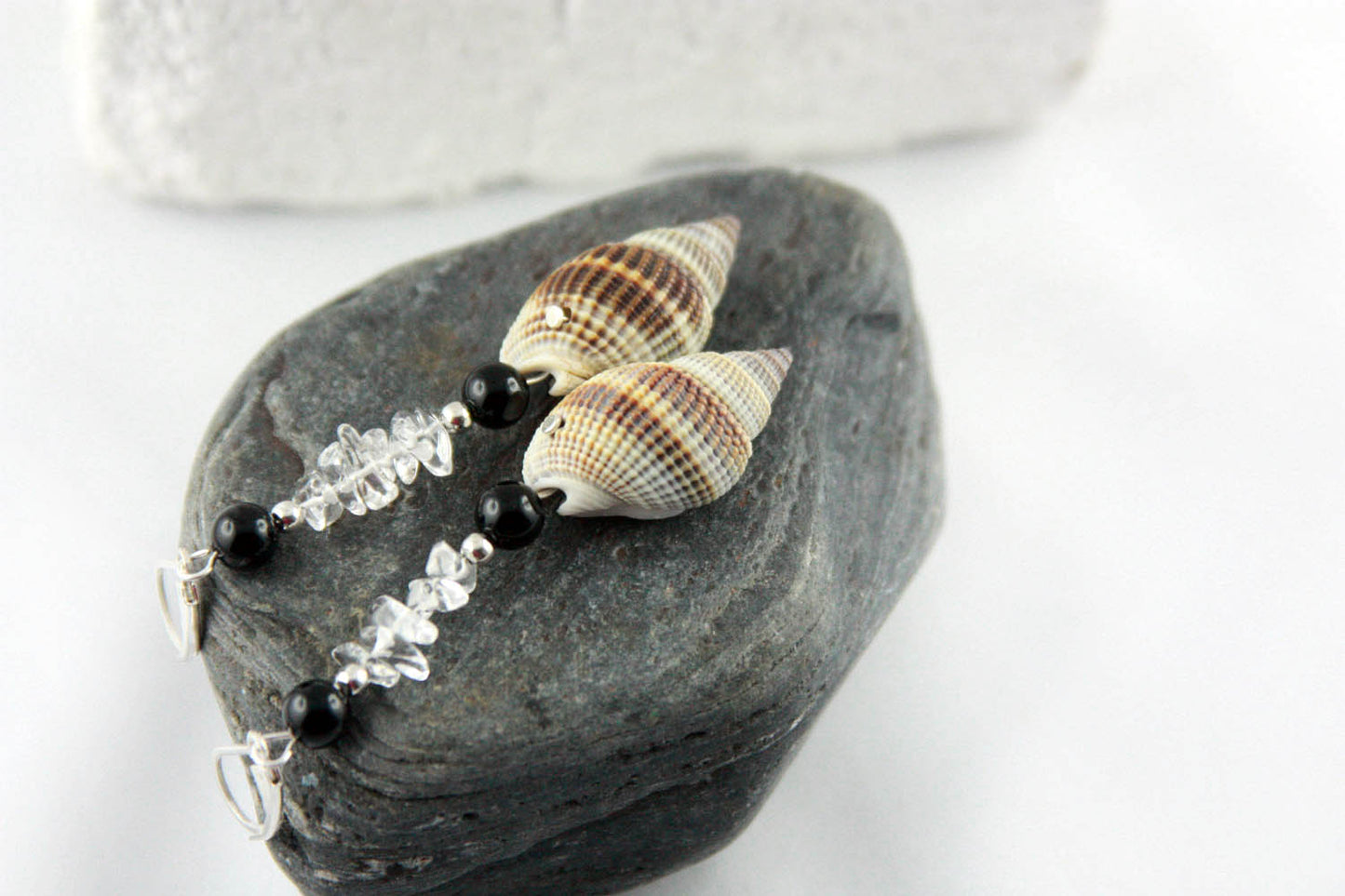 Unique Seashell Pendant Earrings STELLA with Quartz crystal and Onyx, 925 silver