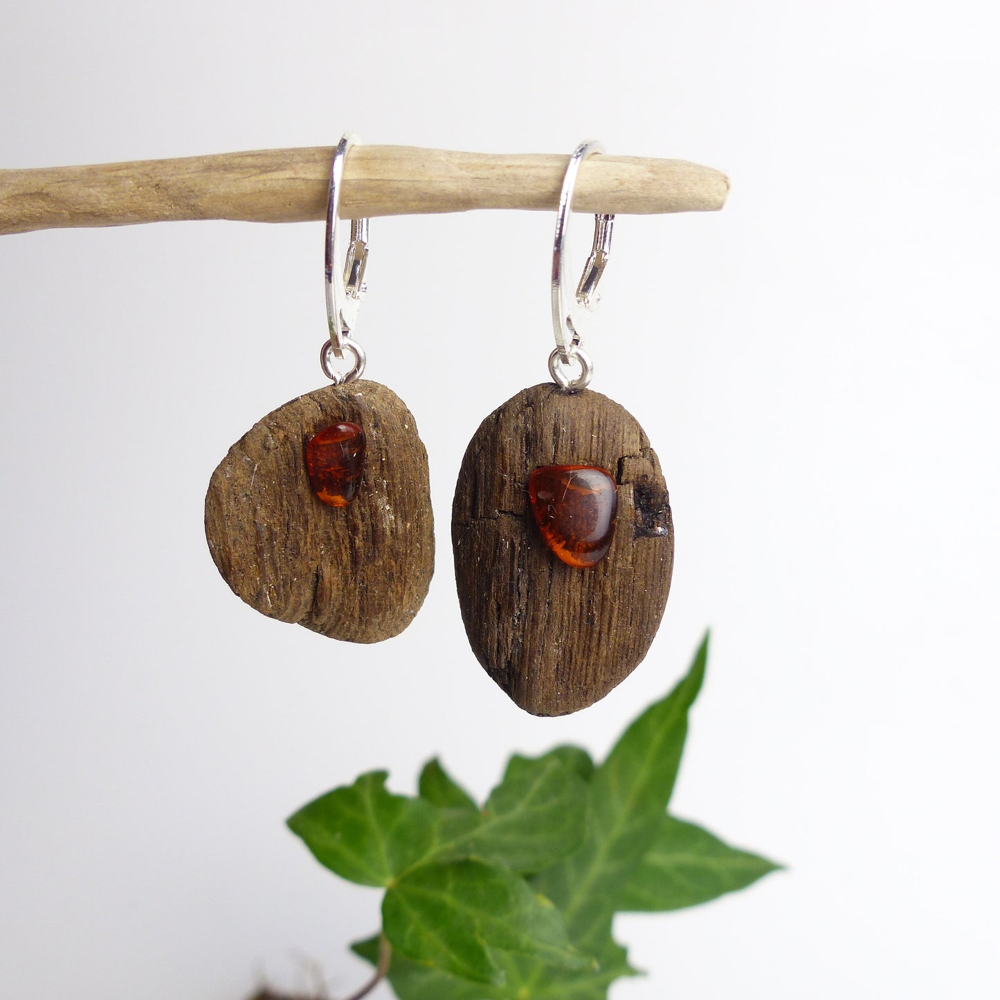 Driftwood Earrings SUURI with Amber and 925 Silver, handmade eco friendly gift