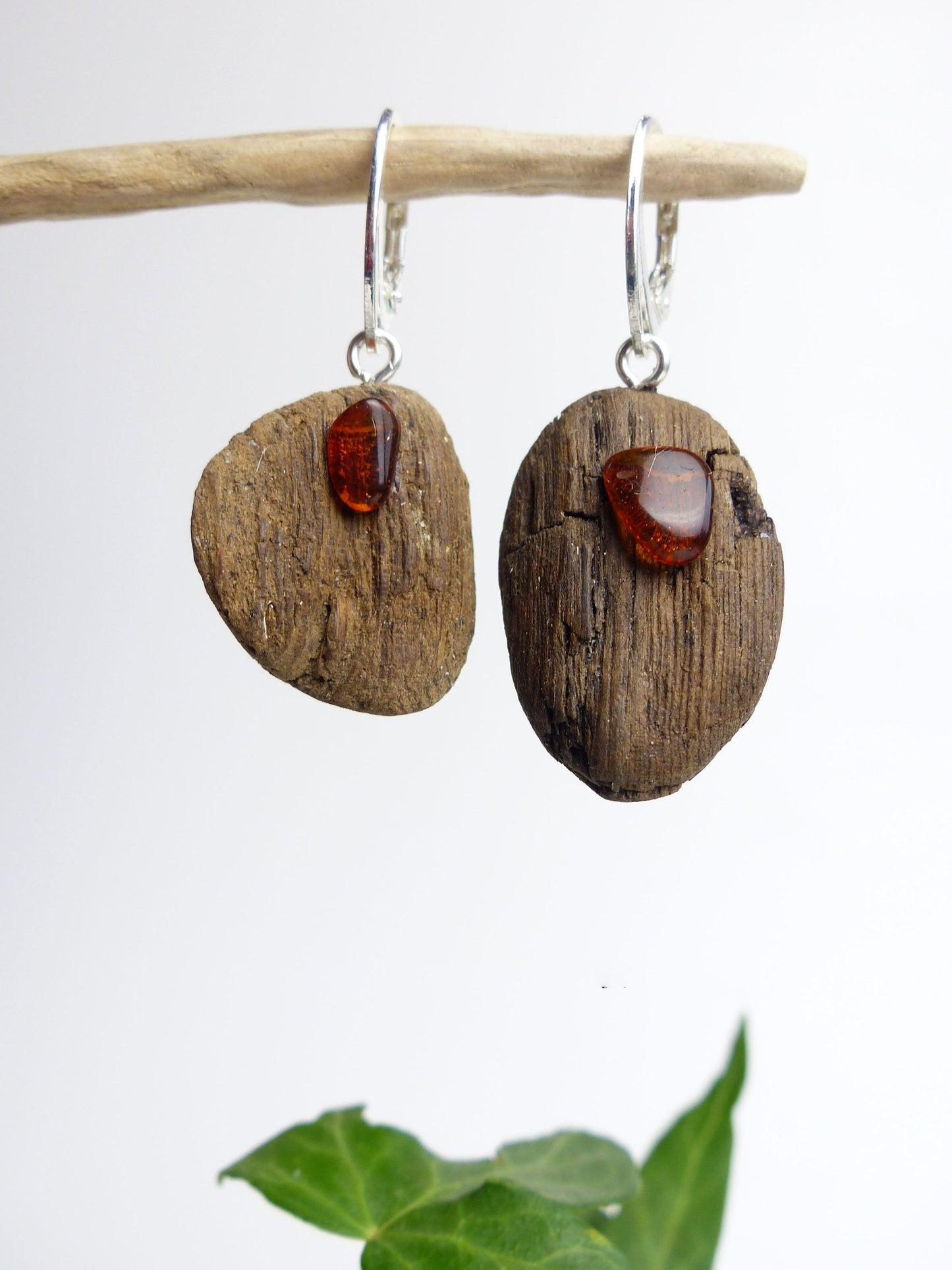 Driftwood Earrings SUURI with Amber and 925 Silver, handmade eco friendly gift