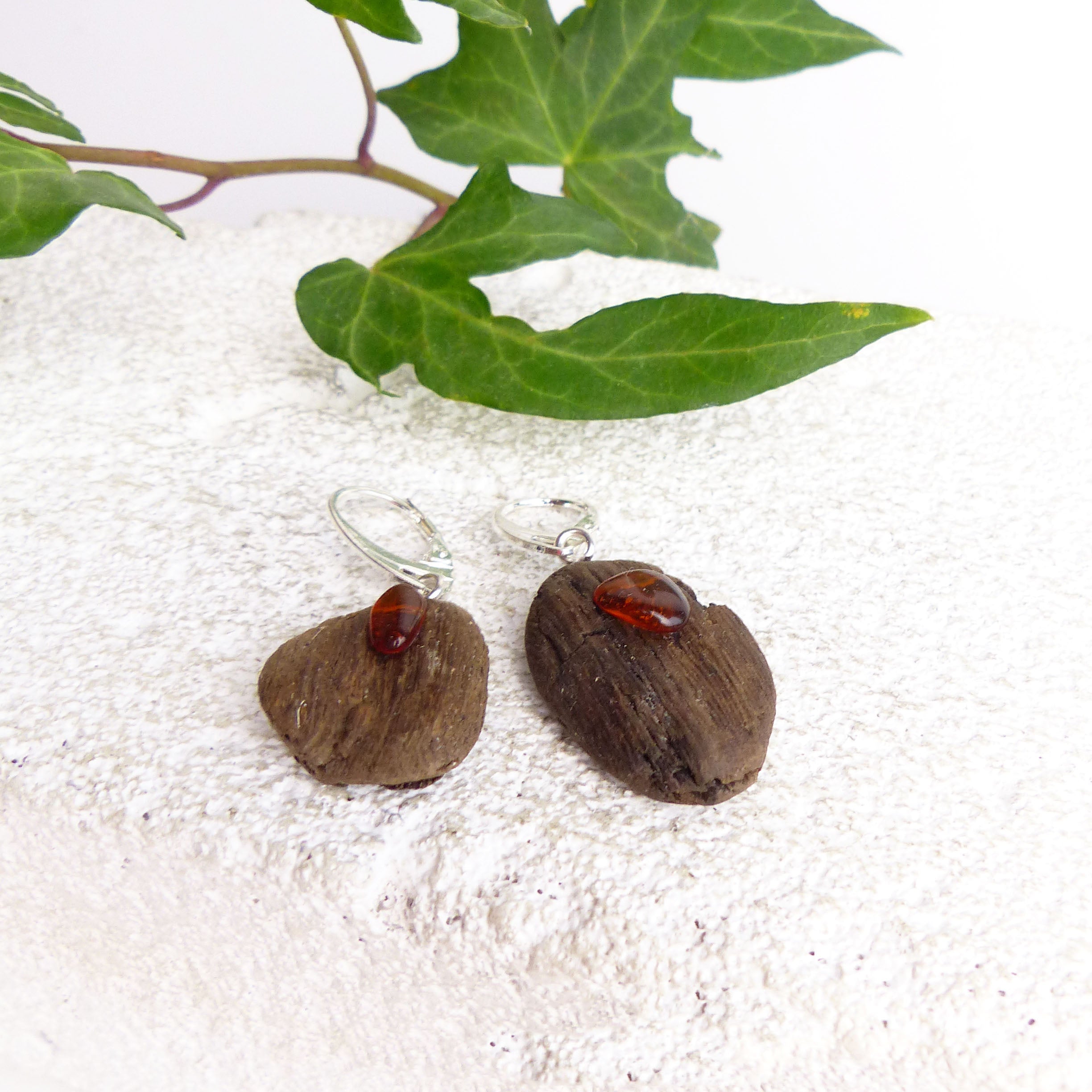 Driftwood Earrings SUURI with Amber and 925 Silver, handmade eco friendly gift
