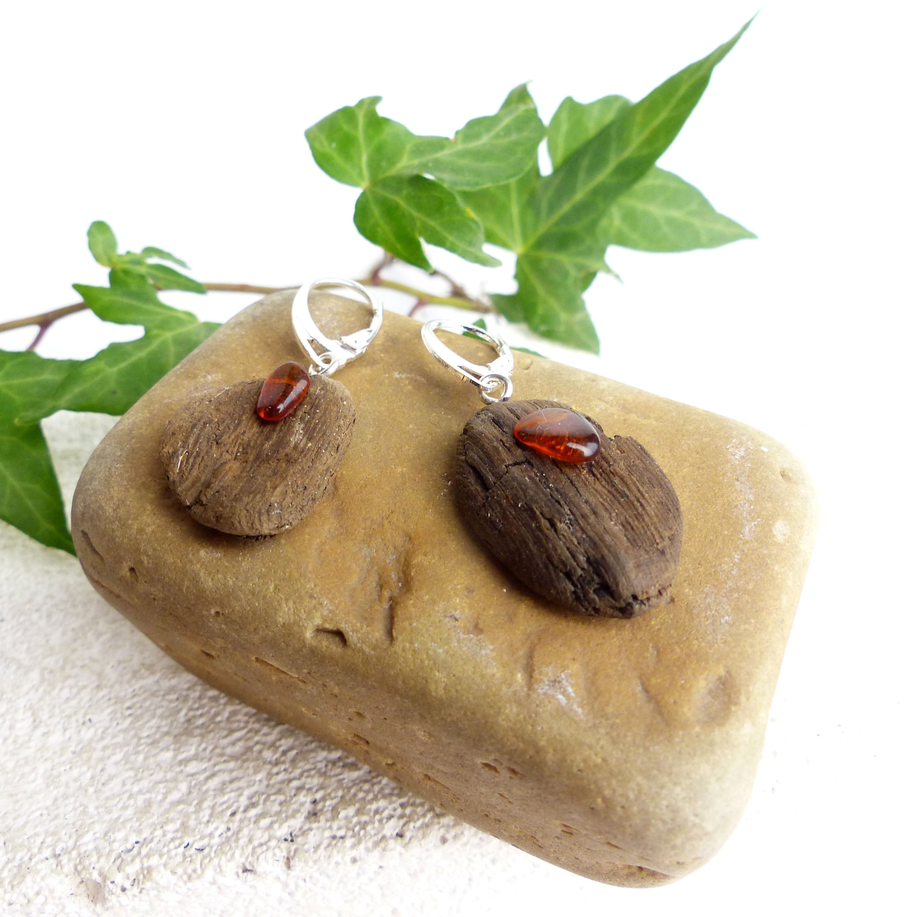 Driftwood Earrings SUURI with Amber and 925 Silver, handmade eco friendly gift